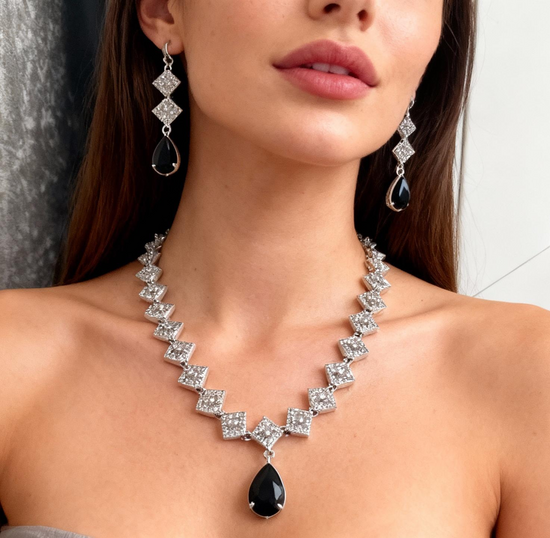 Luxury Teardrop Crystal Necklace and Earring Set - Silver & Black Variants | Statement Jewellery for Women