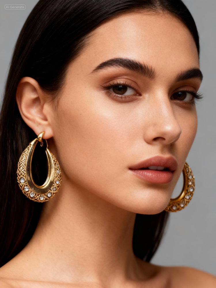 Woman wearing gold hoop earrings against a neutral background