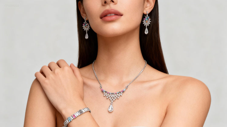 Woman wearing a diamond necklace, earrings, and bracelet on a light gray background