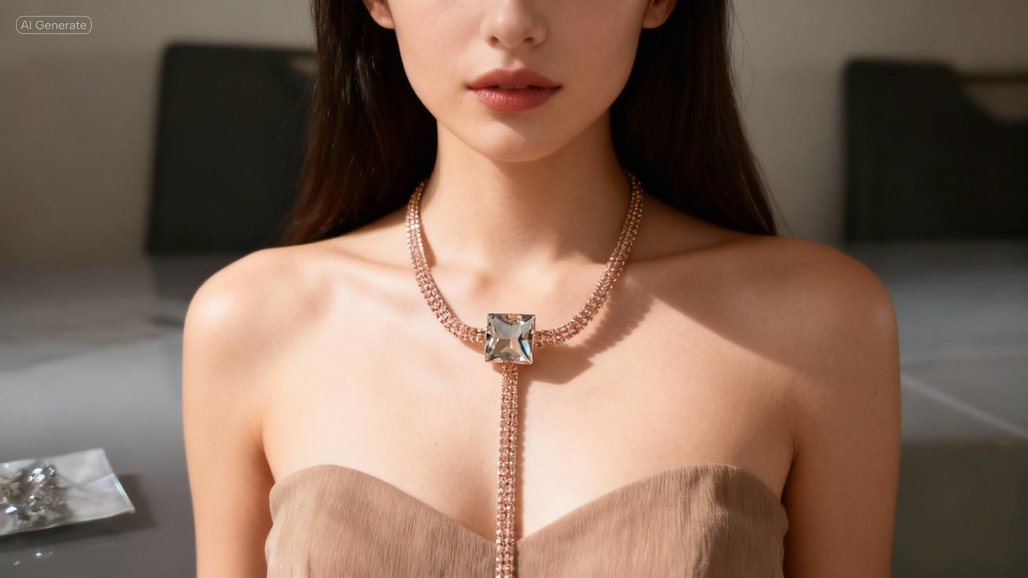 Woman wearing a necklace with a prominent gemstone in an indoor setting