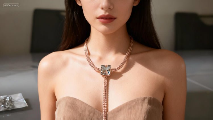 Woman wearing a necklace with a prominent gemstone in an indoor setting