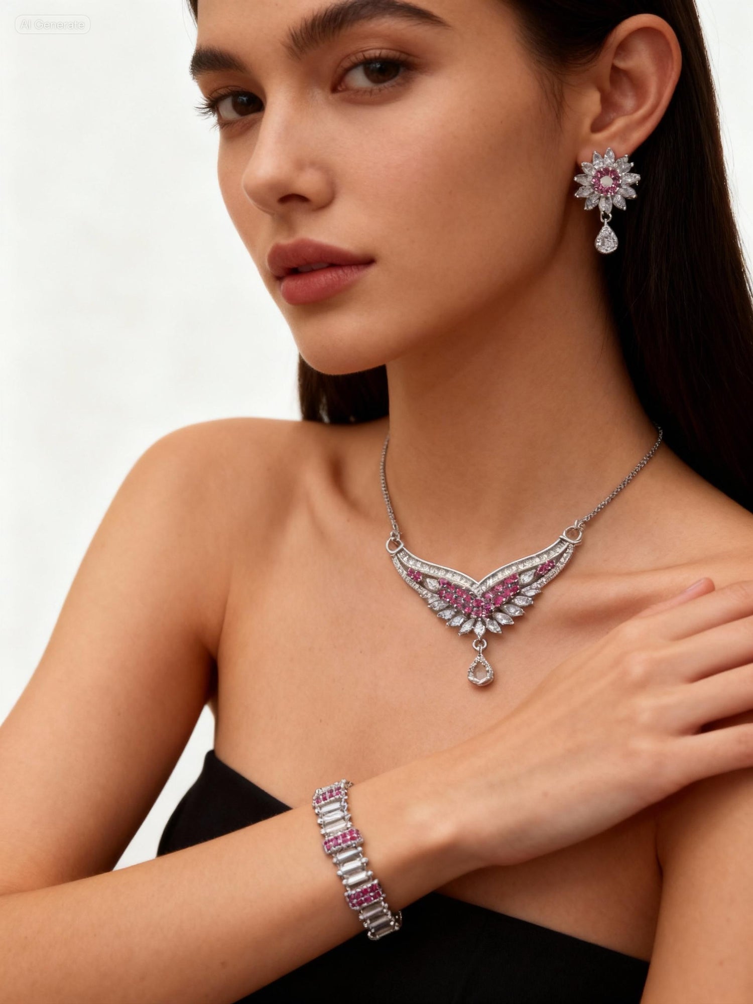 Woman wearing a silver necklace, earrings, and bracelet with pink gemstones on a white background