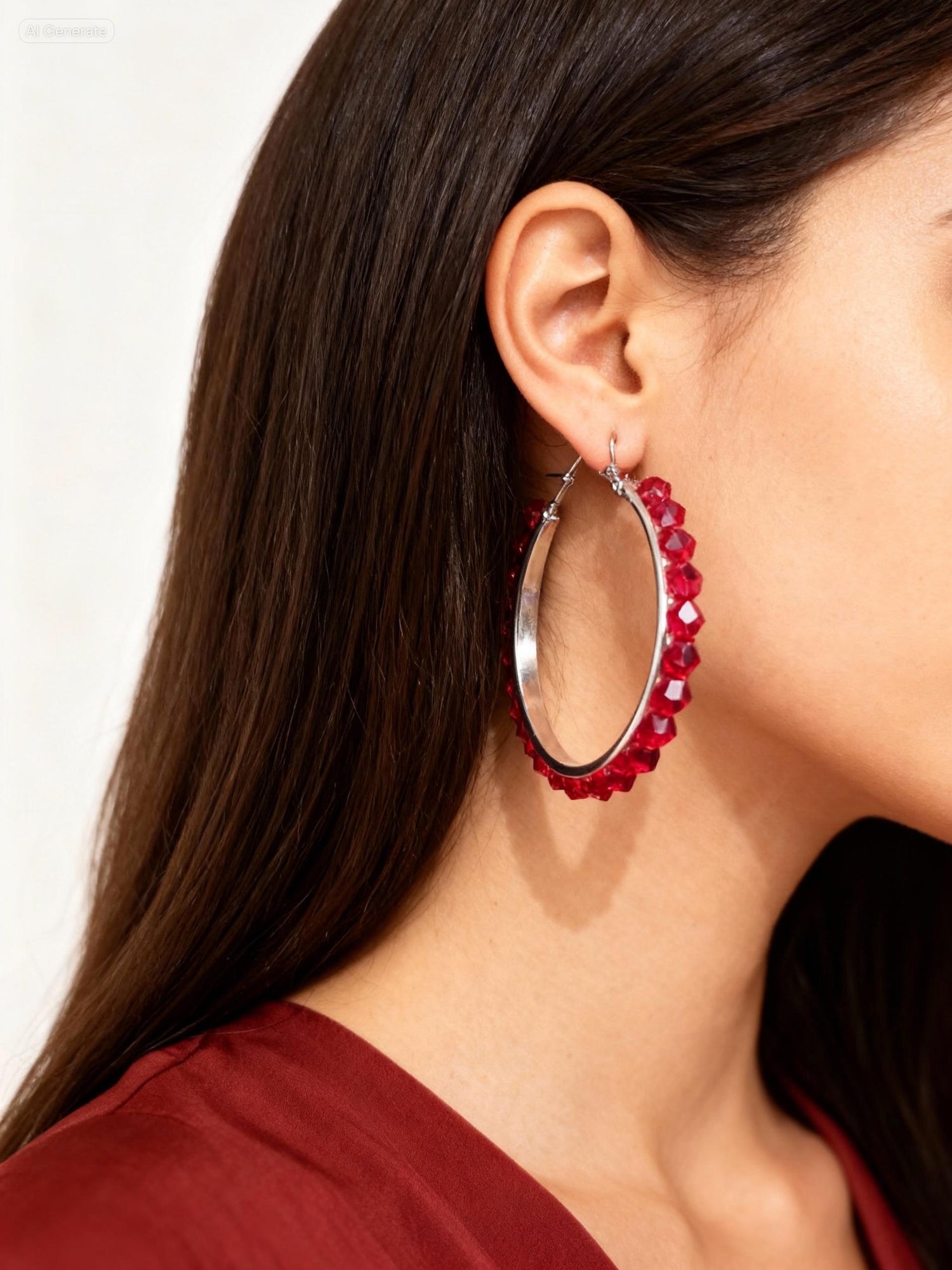 Close-up of a person wearing red beaded hoop earrings with a plain background