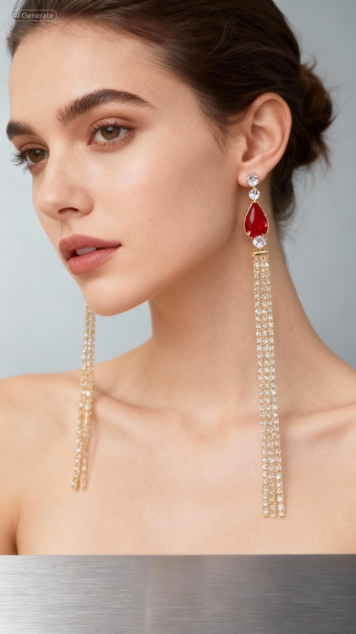 Woman wearing a pair of long, dangling earrings with a red gemstone on a neutral background