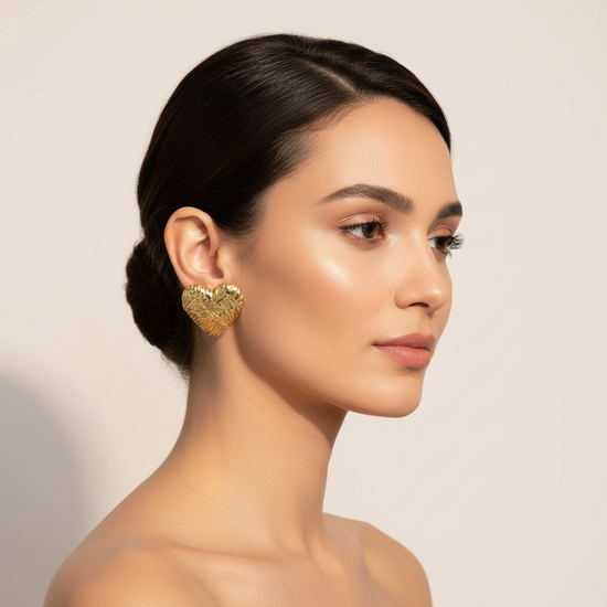 Stainless Steel Heart Statement Earrings - Textured Gold & Silver Minimalist Jewellery