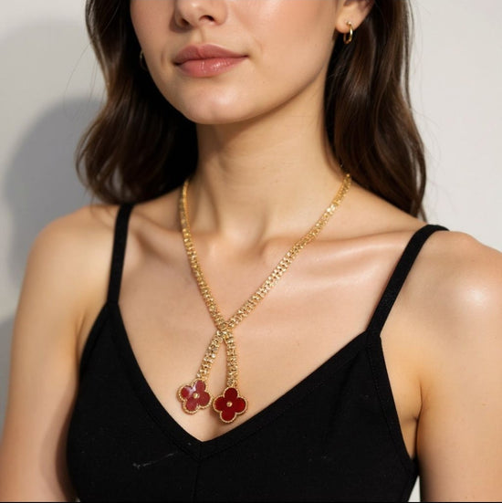 Golden Flower Pendant Necklace with Red Enamel Charms - Elegant Adjustable Chain