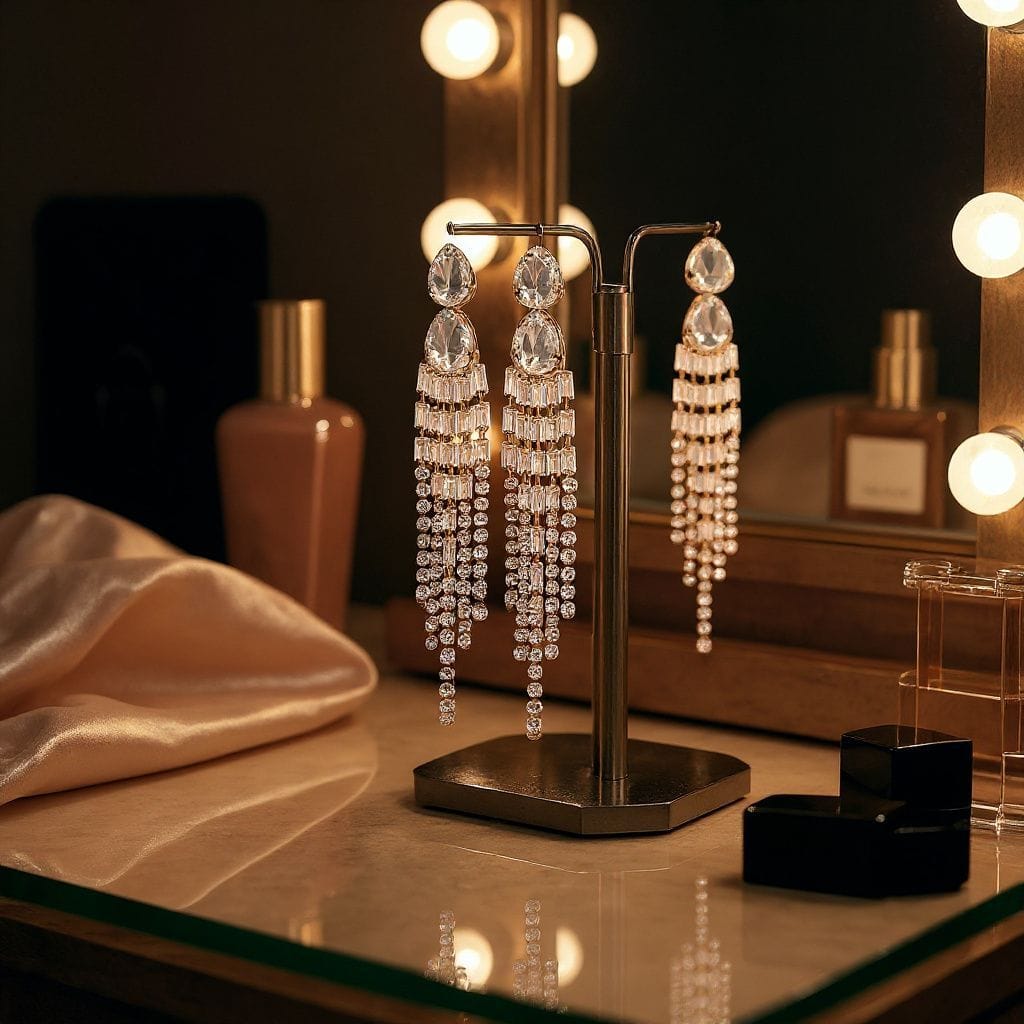 Pair of dangling earrings on a stand with a blurred vanity mirror background