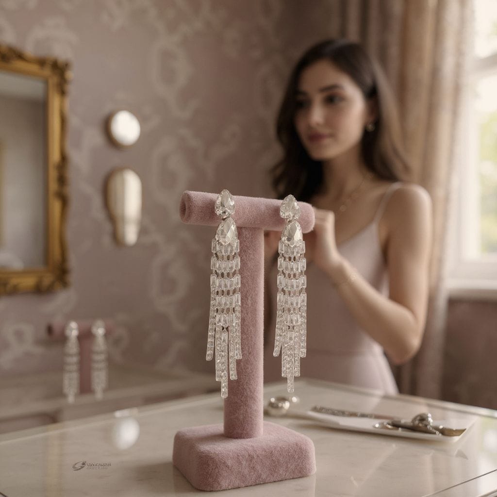 Pink jewelry stand with crystal earrings in a room with decorative elements.
