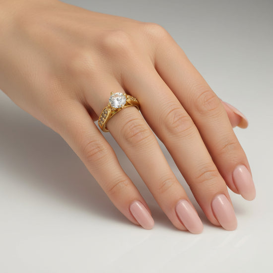 Gold Solitaire Ring with Round Zircon Stone   Classic Women’s Engagement Style Ring