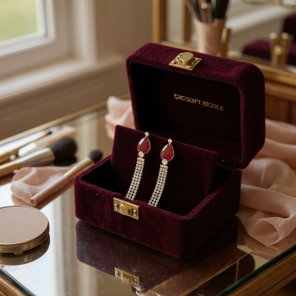 Red velvet jewelry box with earrings on a vanity table